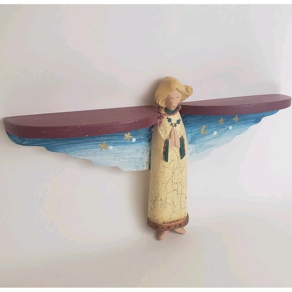 VTG Praying Angel Wood Wall Shelf Hand Painted Folk Art 17
